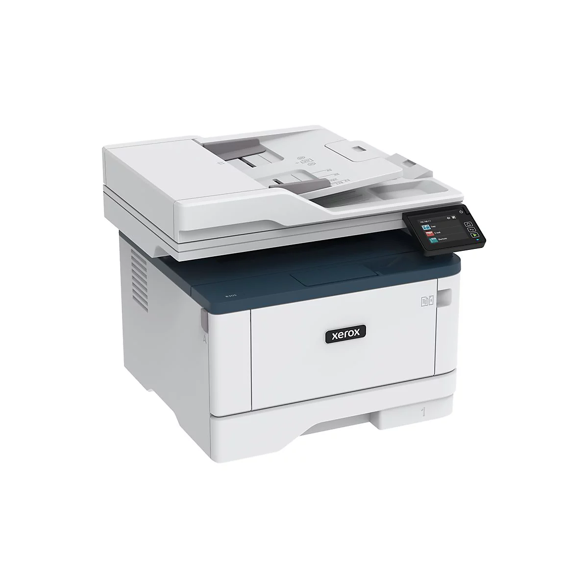 WeiÃŸ-blauer Xerox-Multifunktionsdrucker. Auf dem Bedienfeld werden Symbole angezeigt.