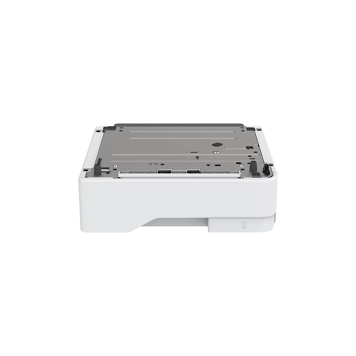 Ein weiÃŸer Drucker ohne GehÃ¤use, von unten fotografiert, graue Innenplatte. Auf der rechten Seite die Zahl 2.