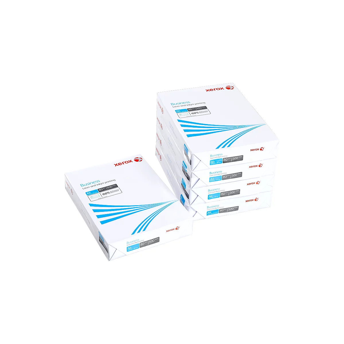 Several stacks of paper with Xerox logo. Blue lines adorn the white paper packaging.