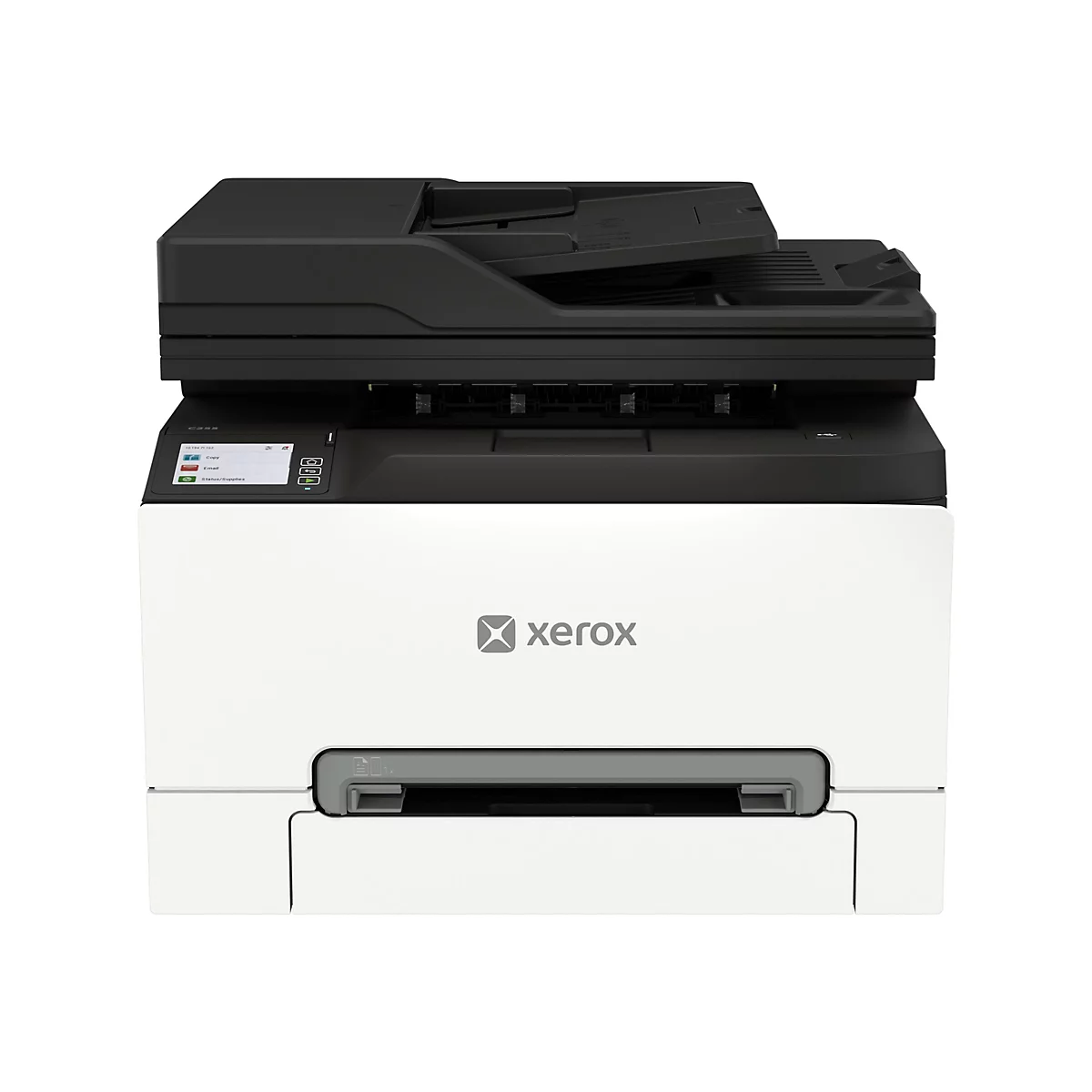 Kompakter weiß-schwarzer Xerox Laserdrucker mit Display, von vorne gesehen auf weißem Hintergrund.