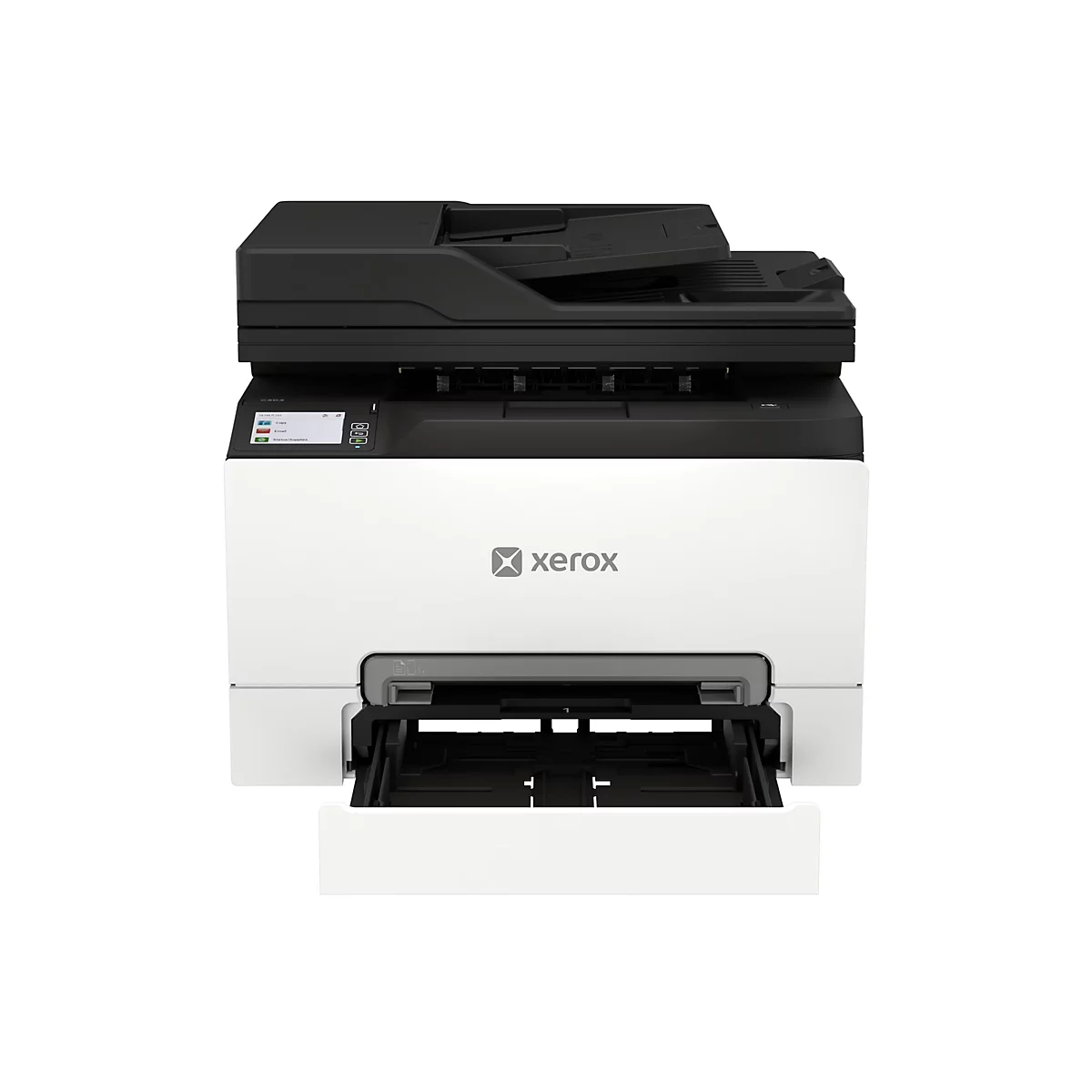 Xerox Multifunktionsdrucker in Weiß und Schwarz mit geöffnetem Papierfach auf weißem Hintergrund.