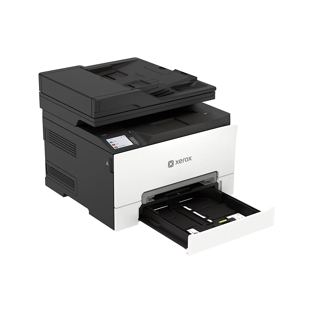 Xerox Multifunktionsdrucker in Weiß und Schwarz mit ausgezogenem Papierfach vor weißem Hintergrund.