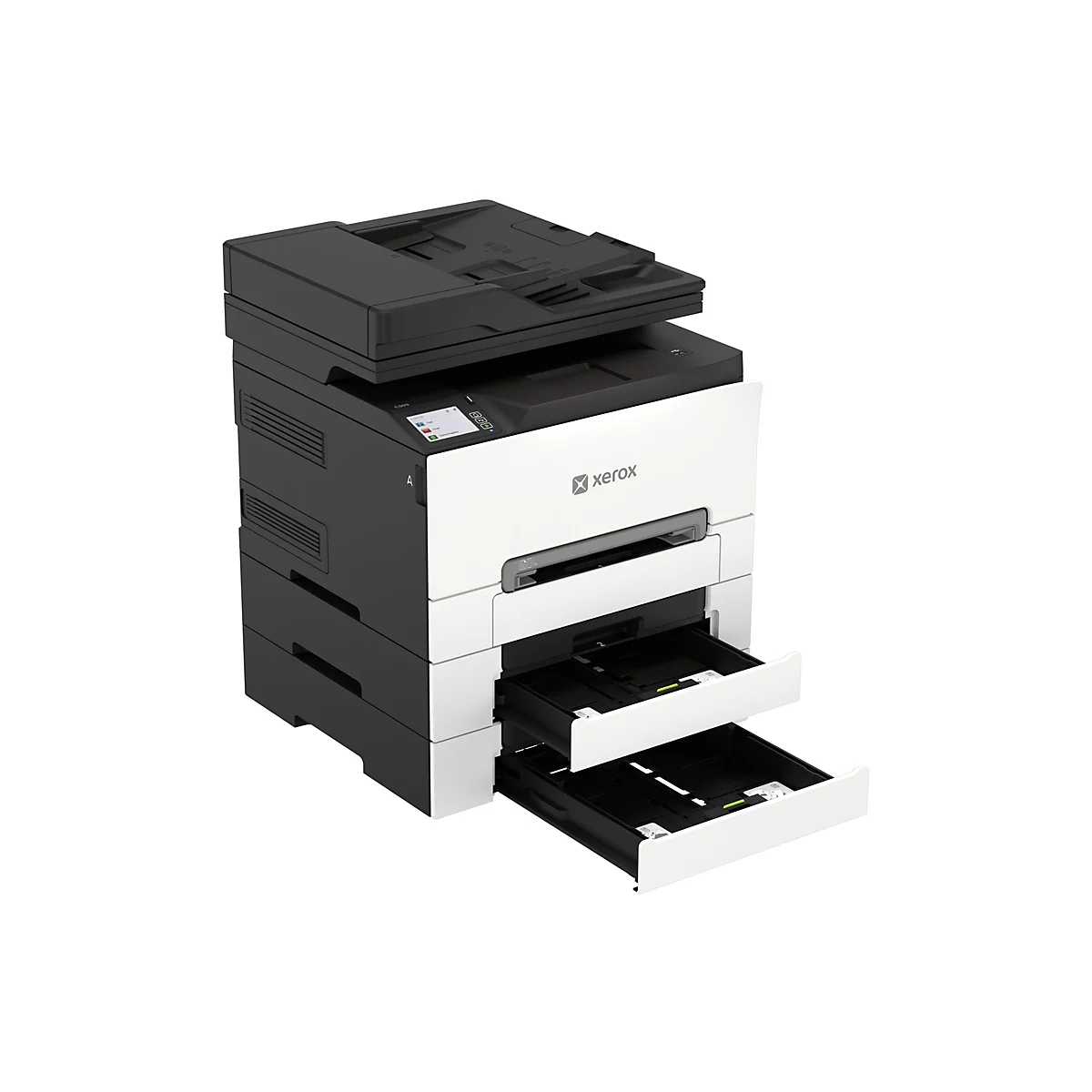 Xerox Multifunktionsdrucker in Weiß und Schwarz mit zwei geöffneten Papierkassetten auf weißem Hintergrund.