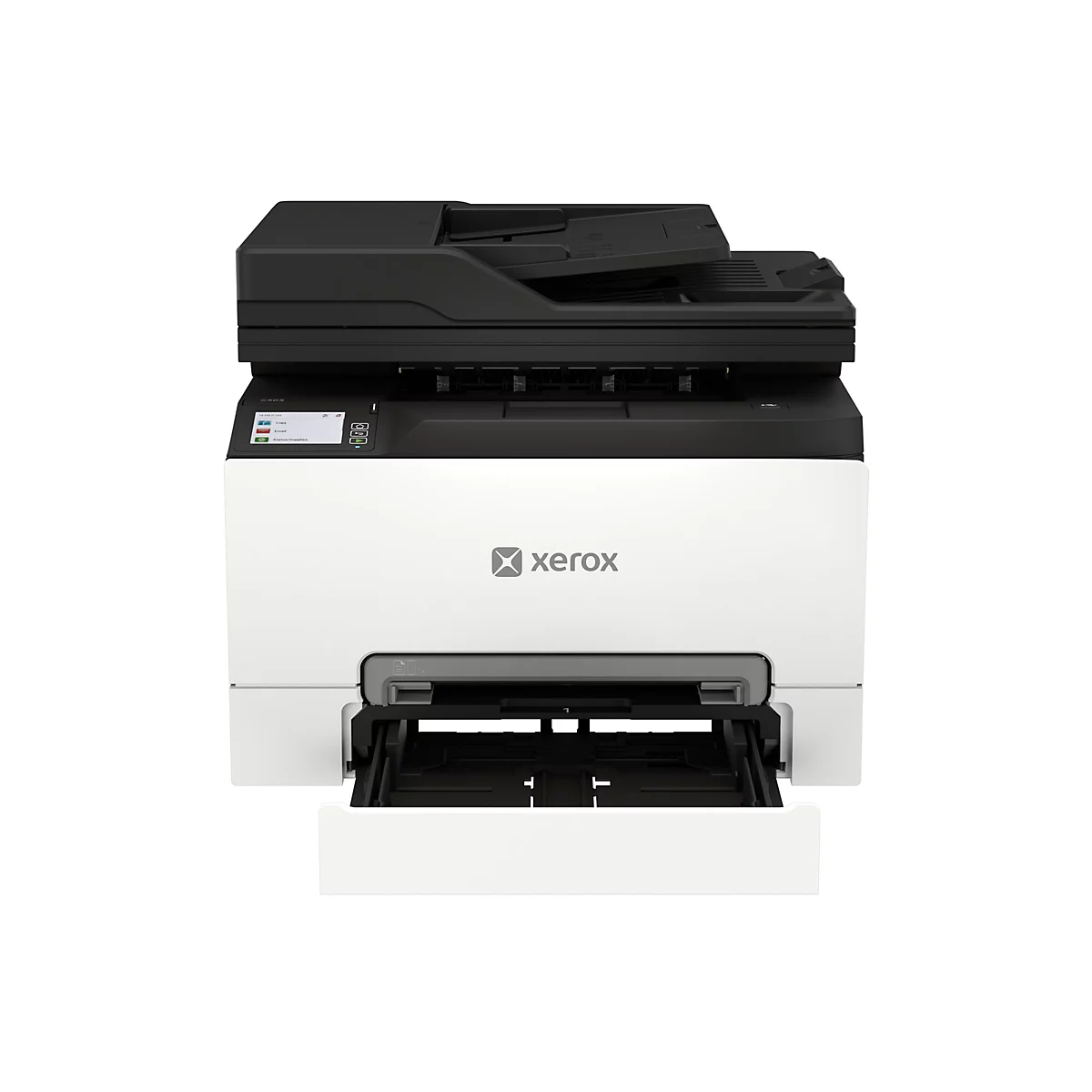 Xerox Multifunktionsdrucker in Weiß und Schwarz mit offener Papierkassette vor neutralem Hintergrund.