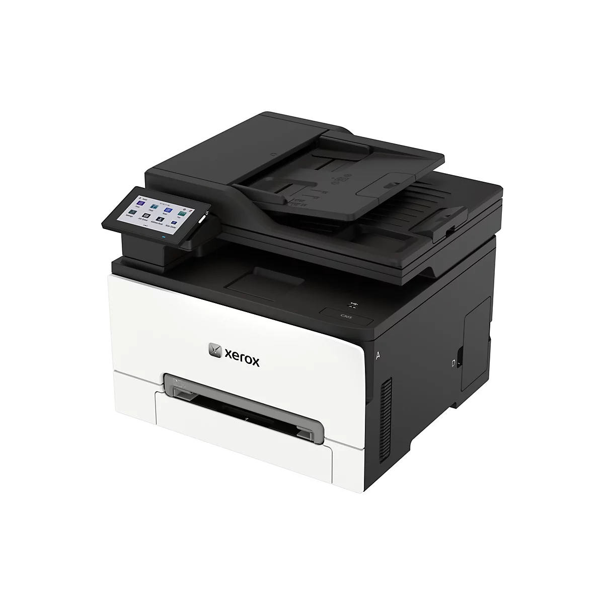Kompakter Xerox C305 Multifunktionsdrucker in Schwarz und Weiß mit Touchscreen-Display auf weißem Hintergrund.