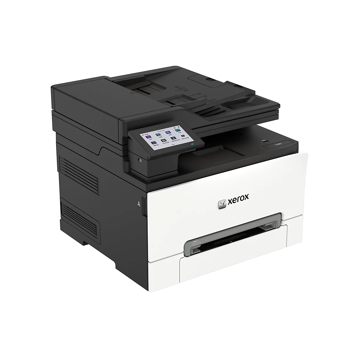 Kompakter Xerox C305 Farblaserdrucker mit weißer Front und schwarzem Gehäuse vor weißem Hintergrund.
