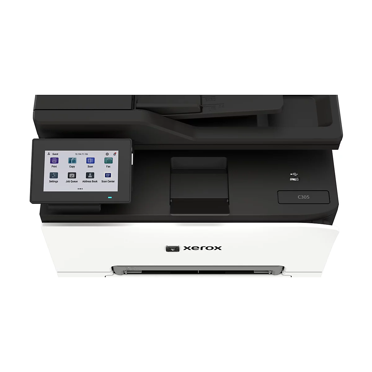Draufsicht auf das Bedienfeld und Display eines weißen Xerox C305 Multifunktionsdruckers.