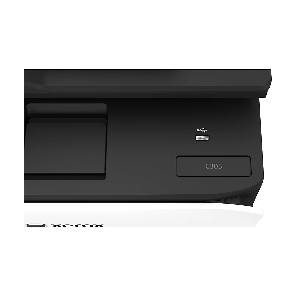 Detailansicht eines schwarzen Xerox C305 Druckers mit USB-Anschluss und Modellschriftzug.