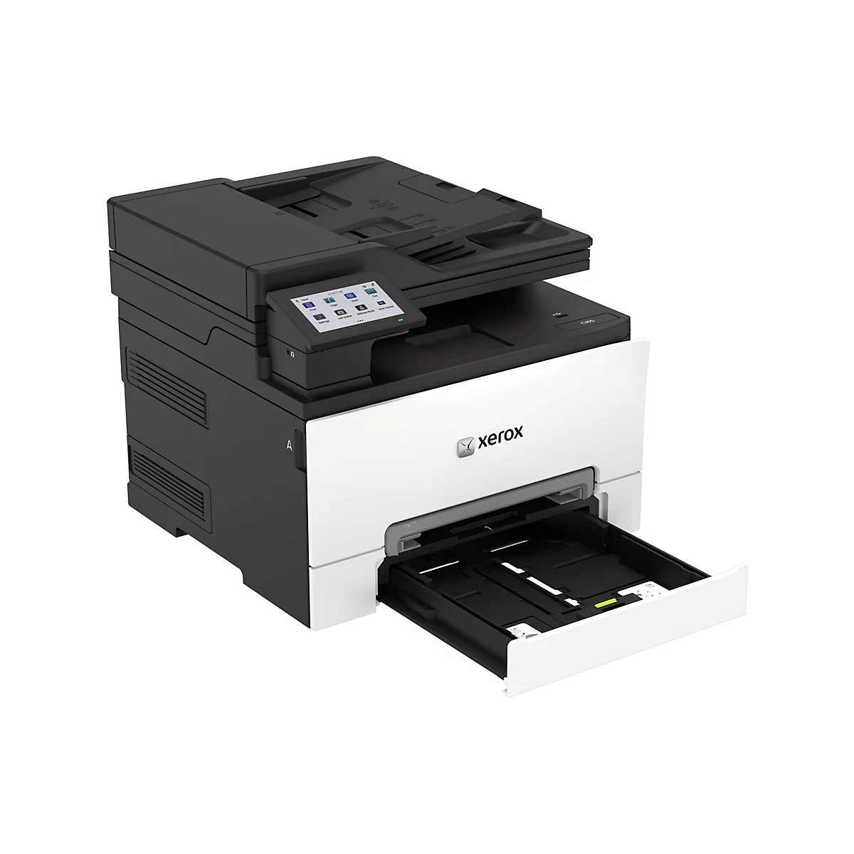 Xerox C305 Multifunktionsdrucker in Schwarz-Weiß mit ausgefahrenem Papierfach vor weißem Hintergrund.