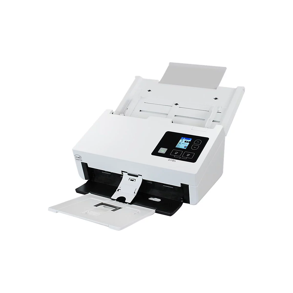 Weißer Scanner, Papierausgabe offen. Auf dem Bedienfeld ist ein Display mit Symbolen und Beschriftung "D70n" sichtbar.