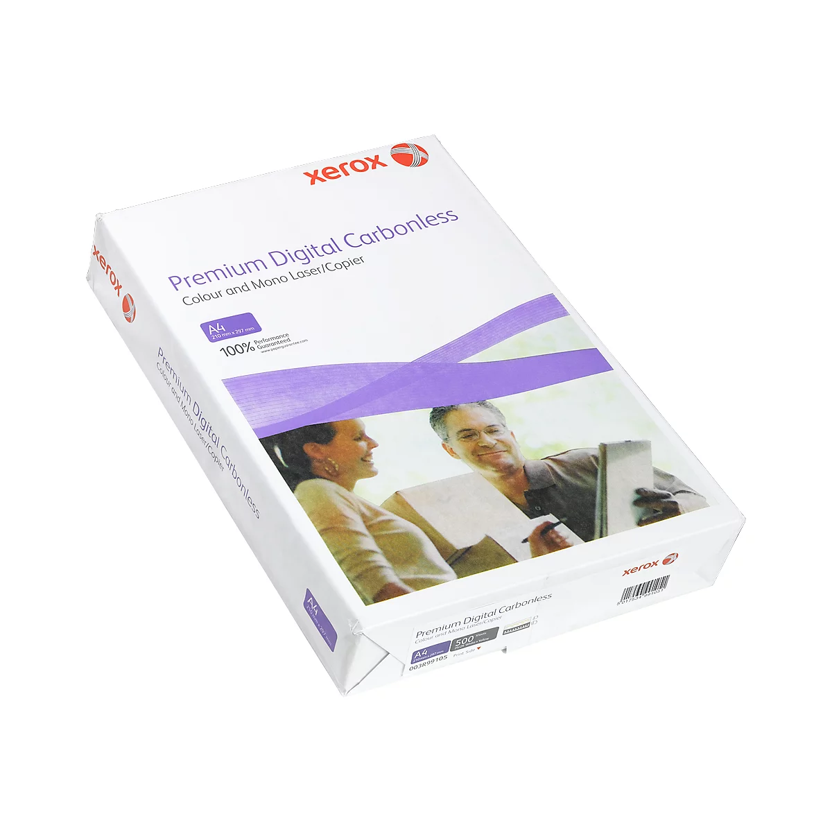 A package of Xerox paper with a purple illustration and a photo of two smiling people.