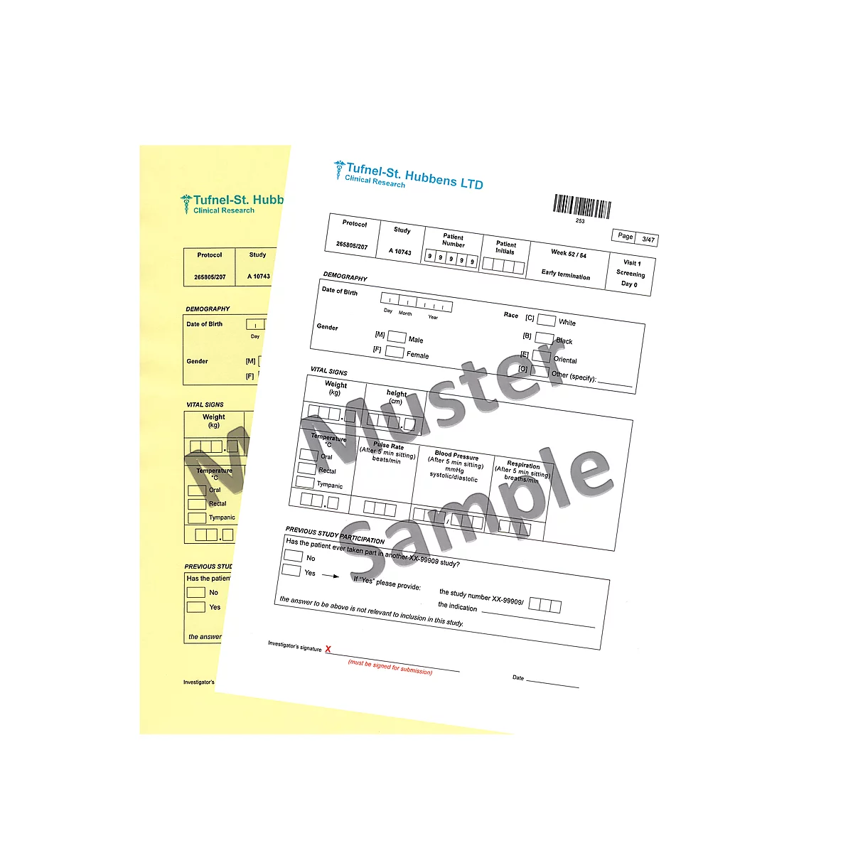Two forms, one yellow, one white, with the word Sample. The white form shows logos of Tufnel-St. Hubbens LTD.