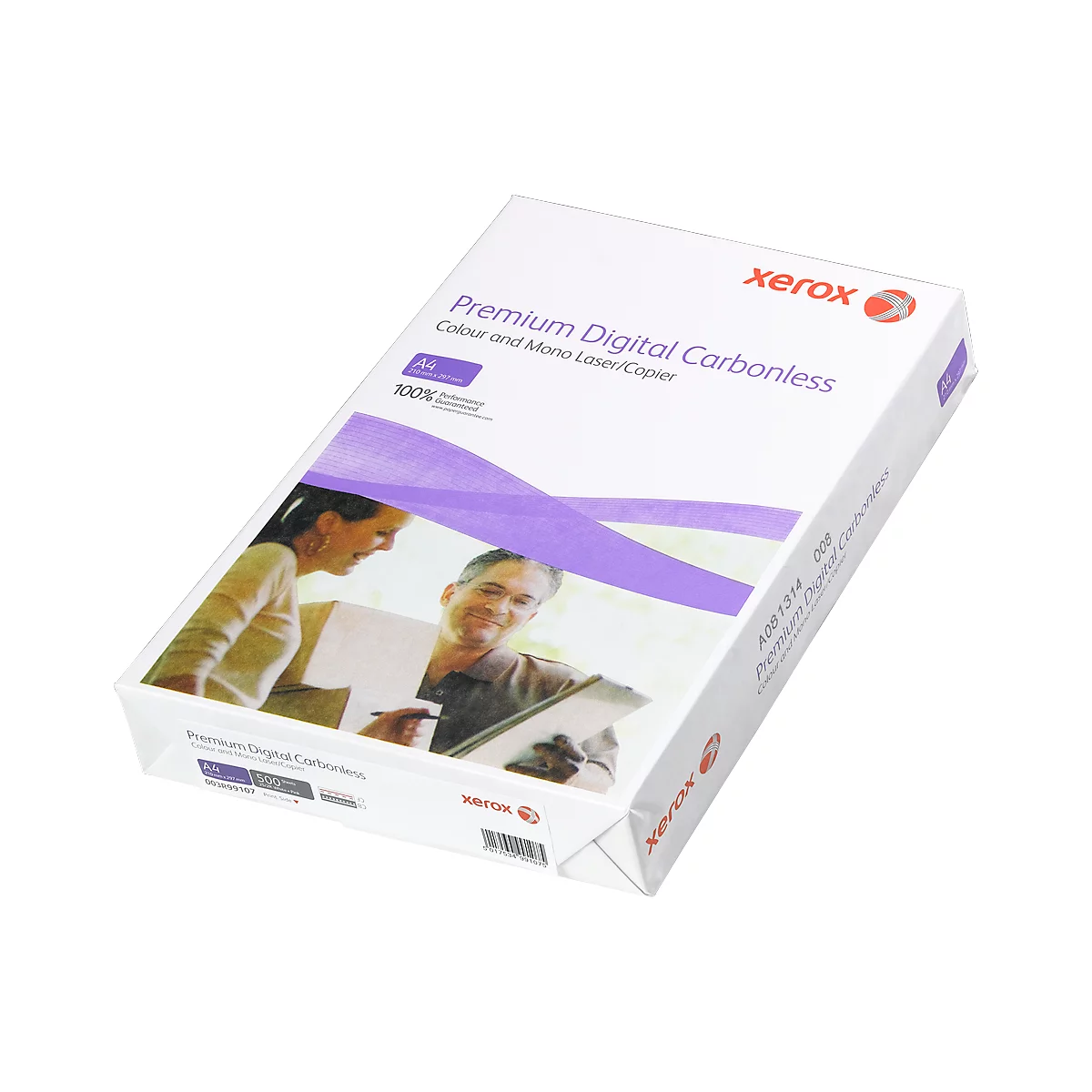 Paper package with print. People are depicted on the packaging, as well as the lettering "Premium Digital Carbonless".