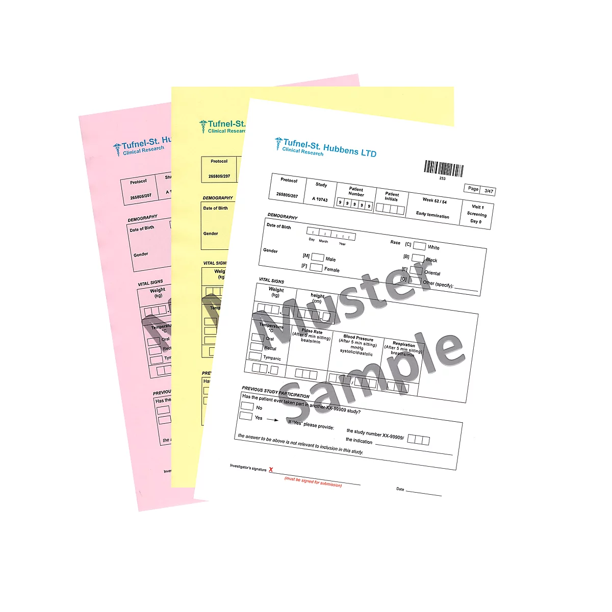 Three differently colored questionnaires, pink, yellow, and white, are lying on top of each other. The white form says "Muster Sample" in large letters.