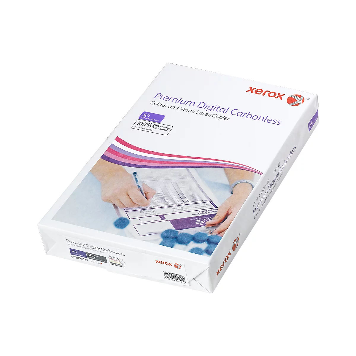 A stack of white paper, labeled 'Premium Digital Carbonless' by Xerox. Hands are visible, filling out a form.