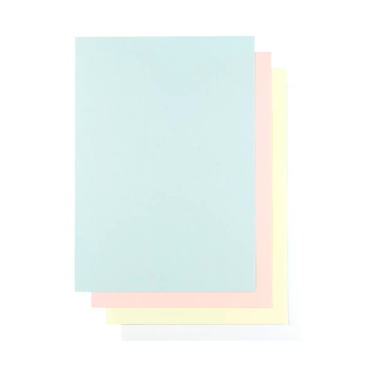 Several colored sheets of paper: light blue, pink, yellow, white. The sheets slightly overlap.