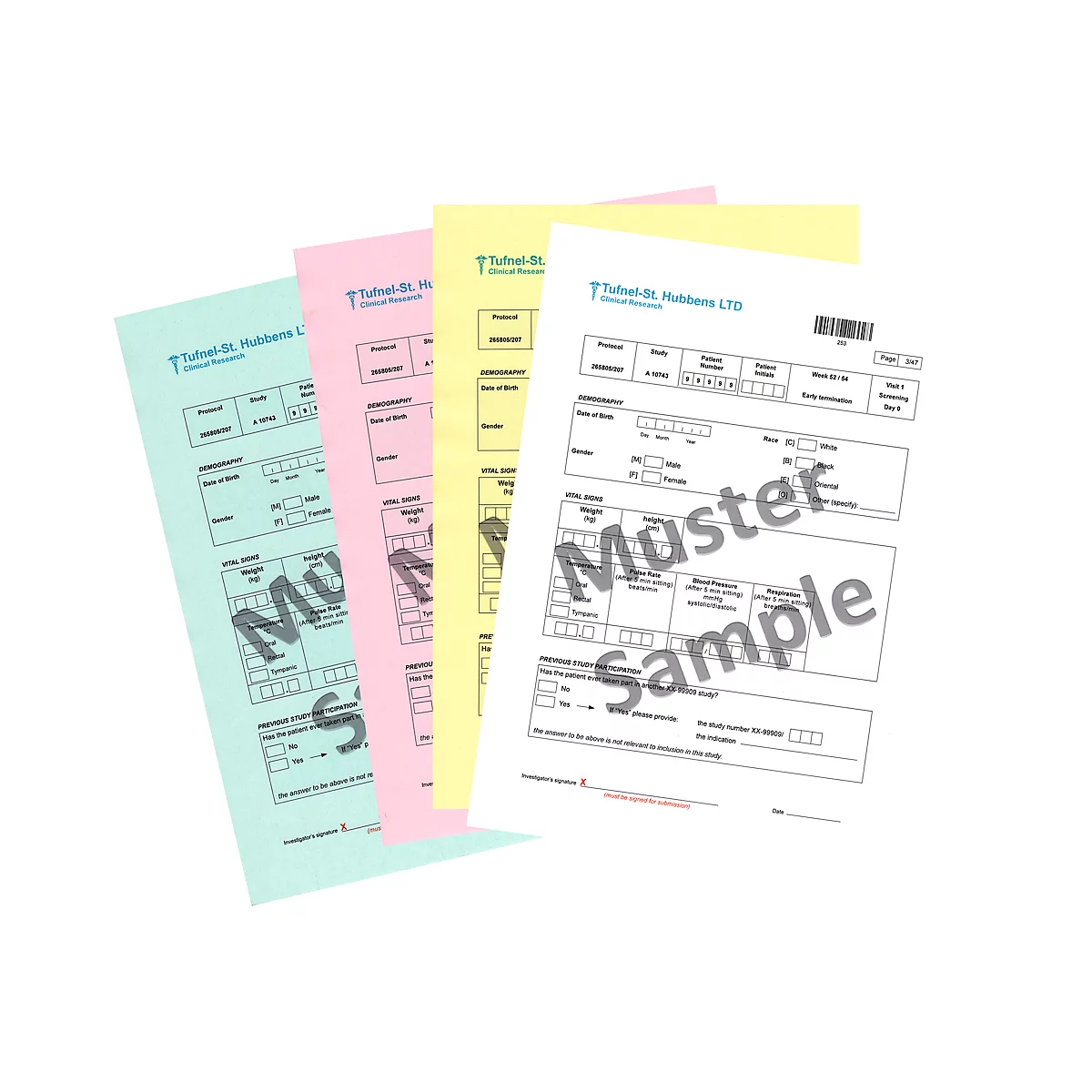 Multicolored forms with overlaid text such as "Muster" and "Sample".