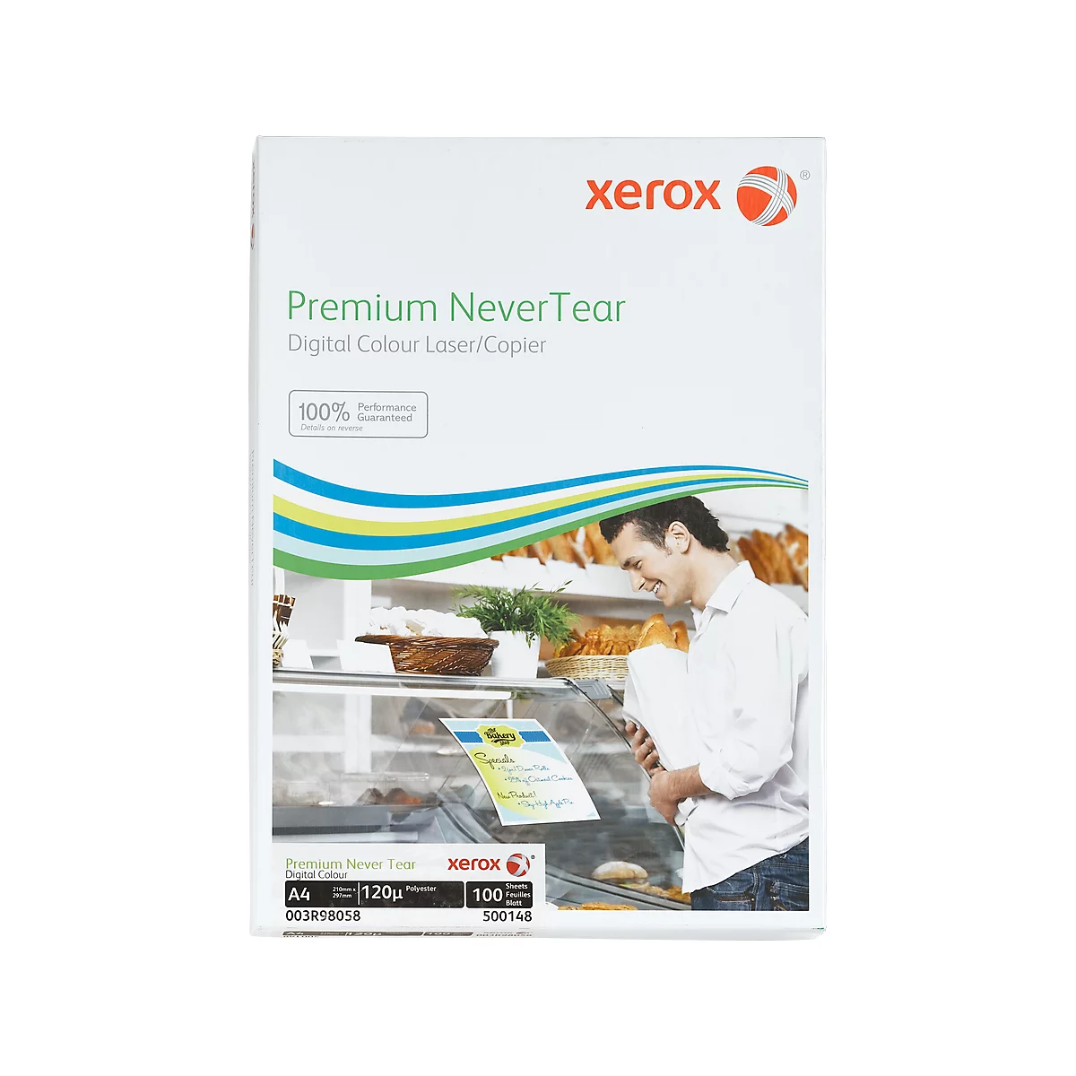 A pack of Xerox Premium NeverTear paper with a man standing in a bakery.