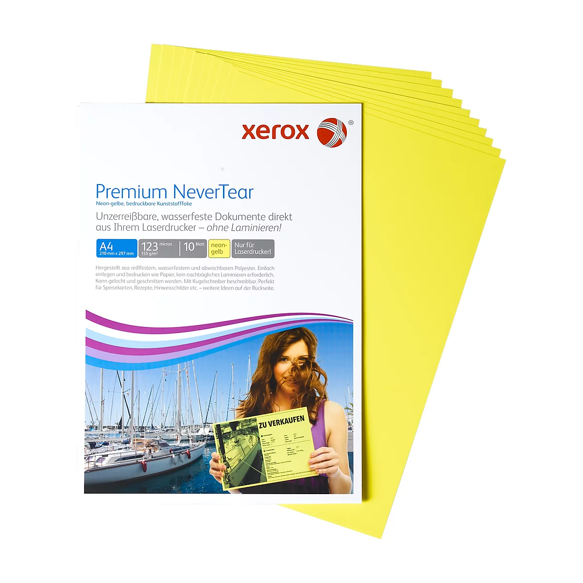 A stack of yellow paper sheets lies next to a white sheet that says "Xerox Premium Never Tear". A woman holds a yellow sign that says "For sale".