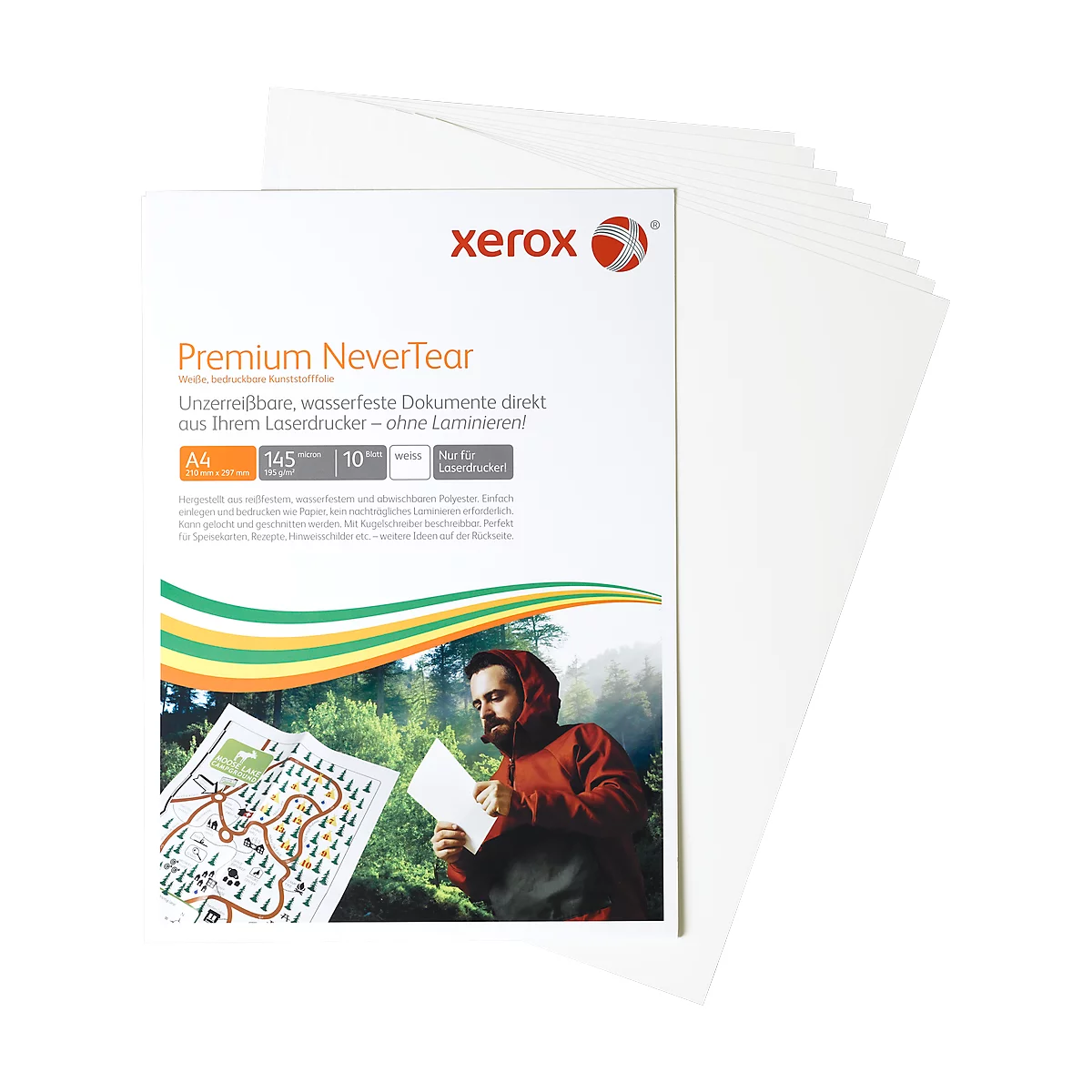A stack of white Xerox NeverTear papers with a man in the woods holding a map and paper.