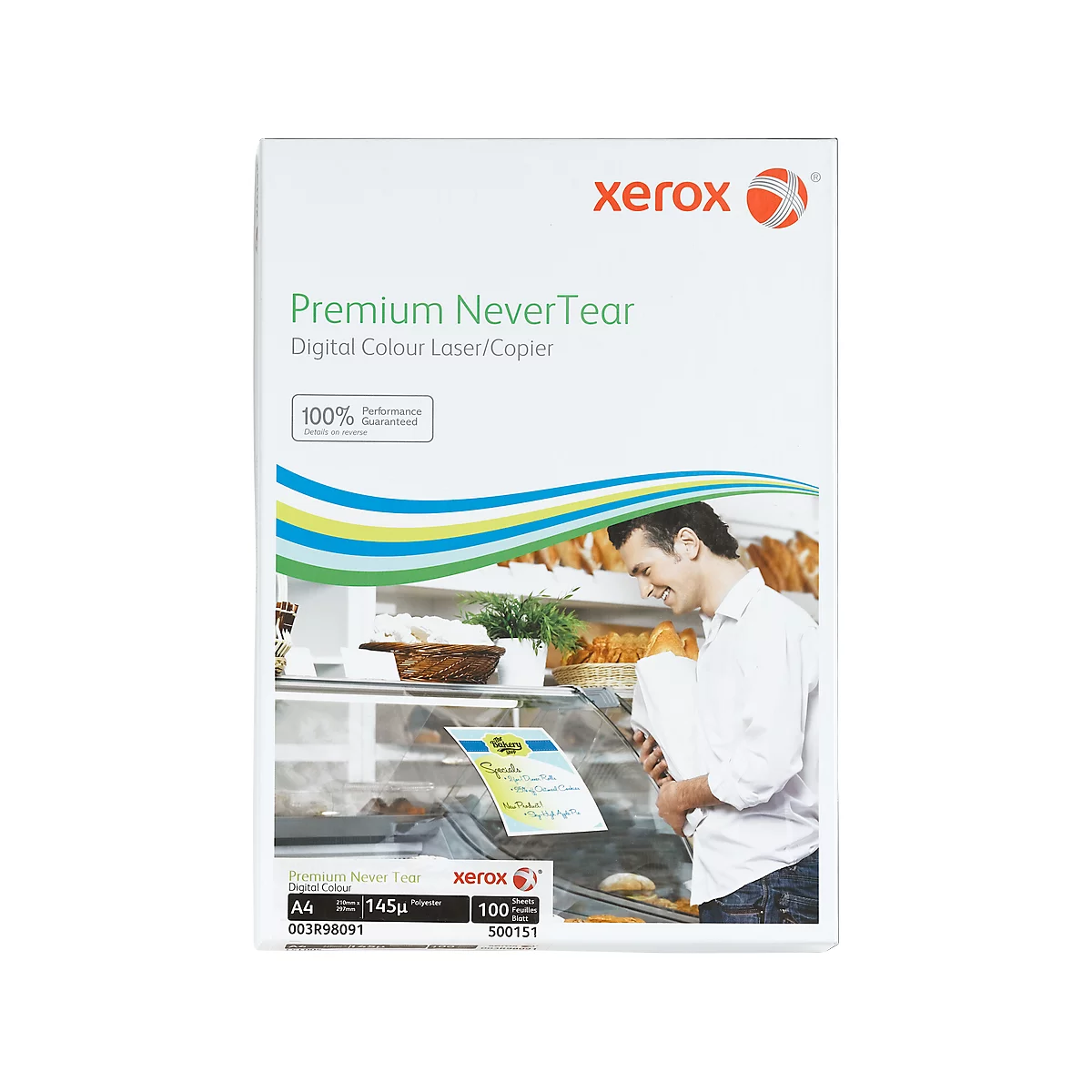 A man in a bakery shop looks at a sheet of paper with the text "Premium NeverTear" from Xerox.