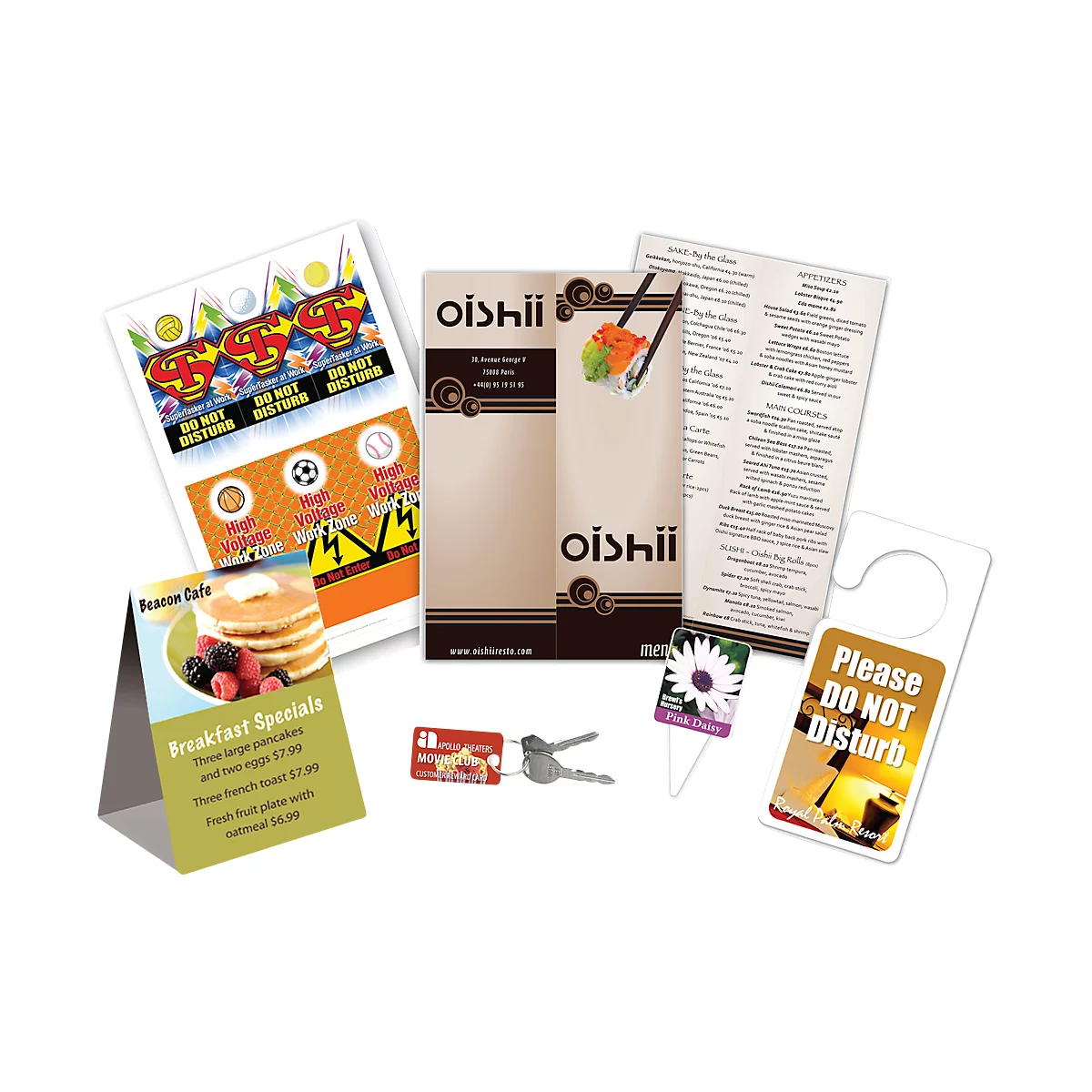 Assorted promotional materials: menu, door hanger, table tent, and labels, various designs.