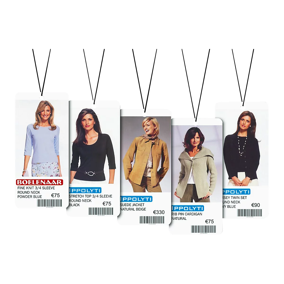 Various women in clothing hanging on price tags. Prices and product names are included in the image.