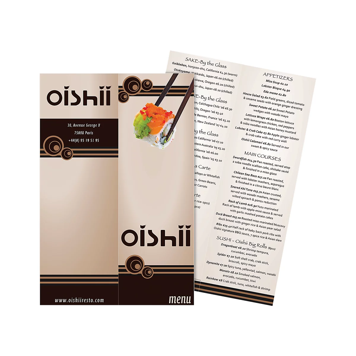 Three-panel menu with sushi, chopsticks, and 'oishii' logo. Opened, displaying menu details and dishes.