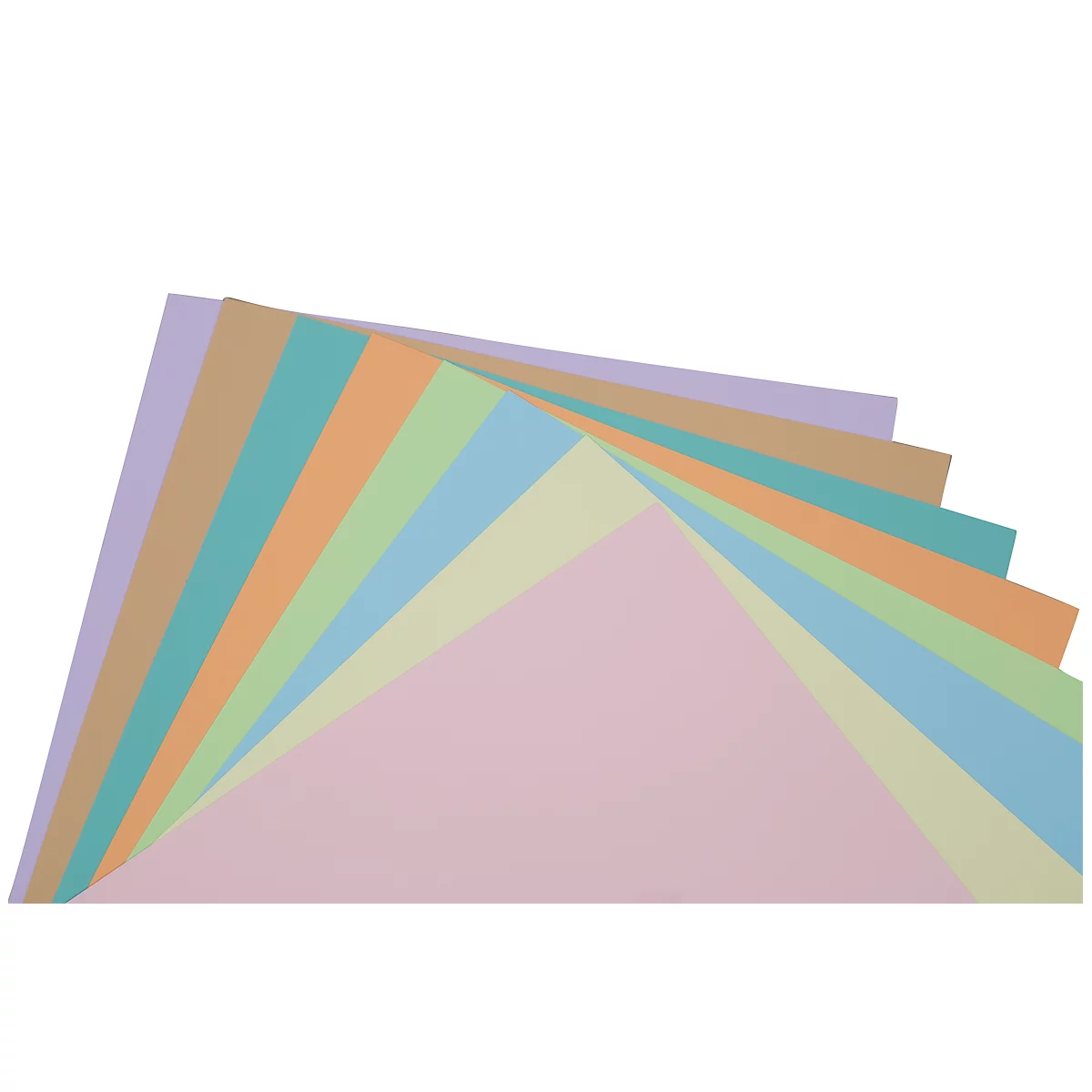 Fächer aus farbigem Papier in verschiedenen Pastelltönen. Die Blätter sind auf weißem Hintergrund leicht gefächert.