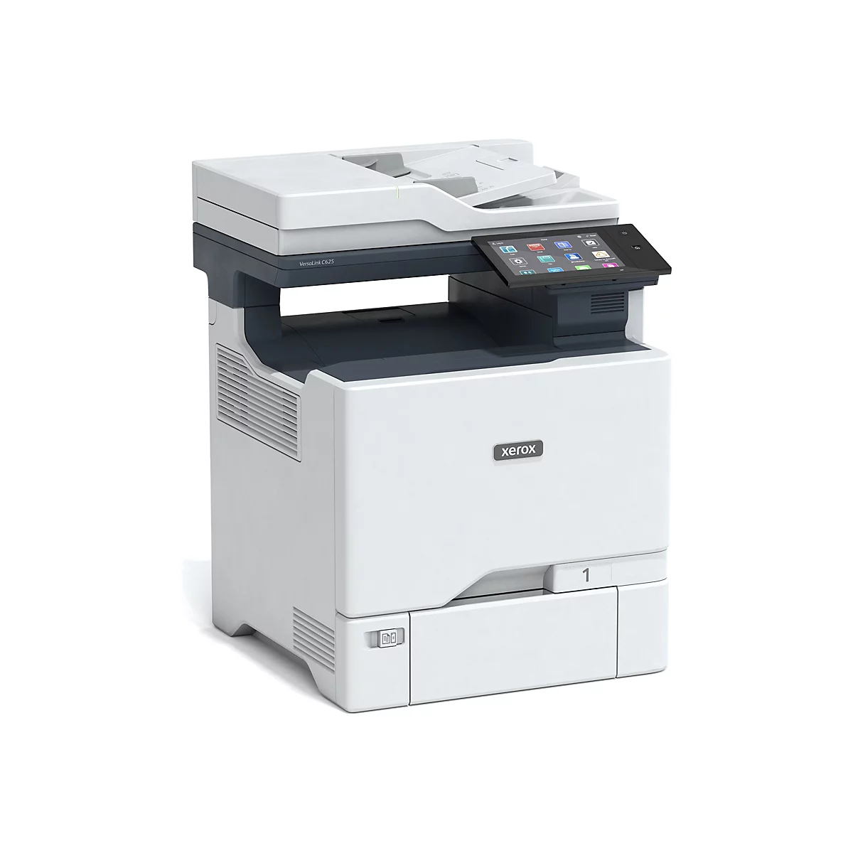 WeiÃŸ-schwarzer Xerox-Multifunktionsdrucker mit Touchscreen. Aufdruck Xerox.