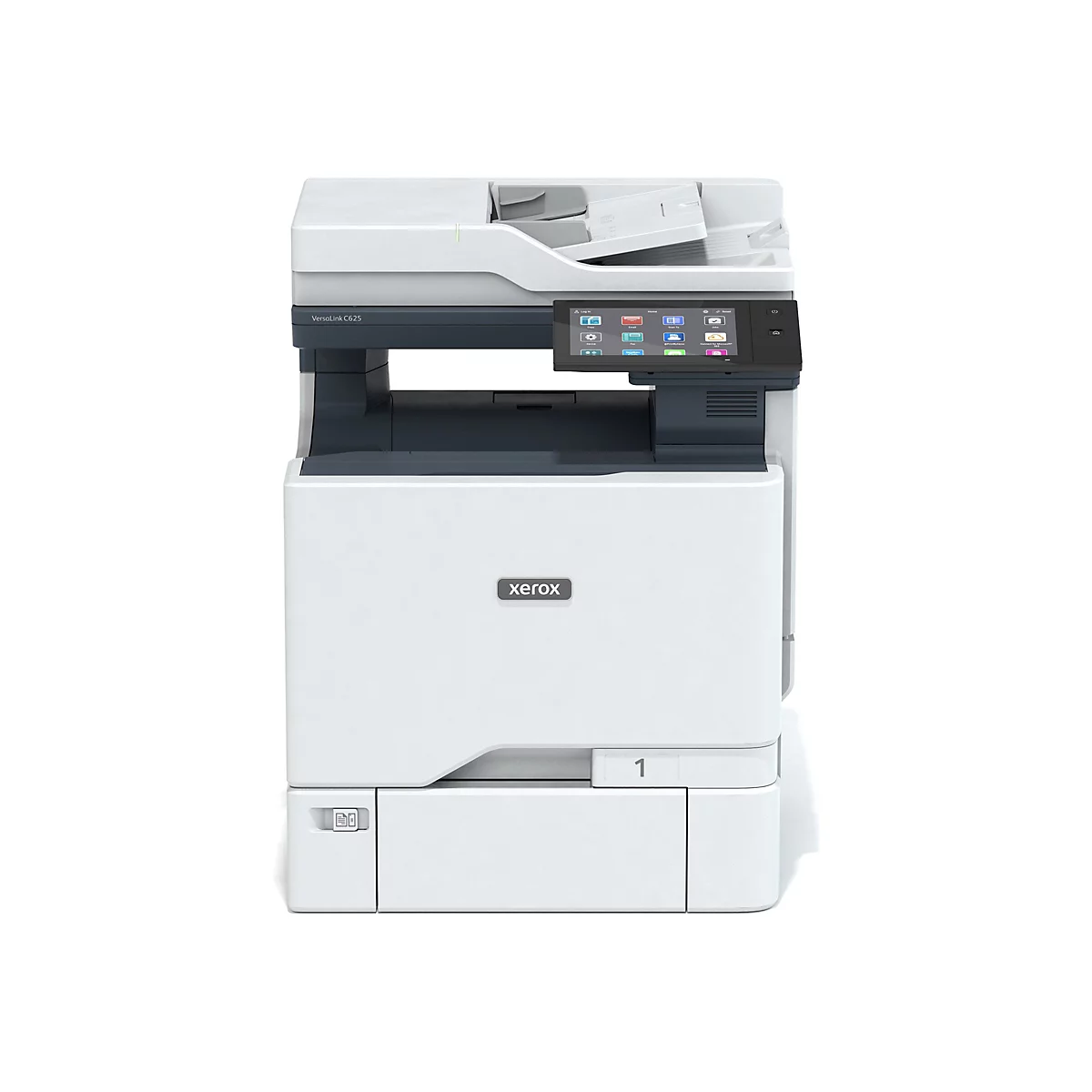 WeiÃŸer Drucker mit Touchscreen-Bedienfeld. Das Xerox-Logo ist sichtbar.