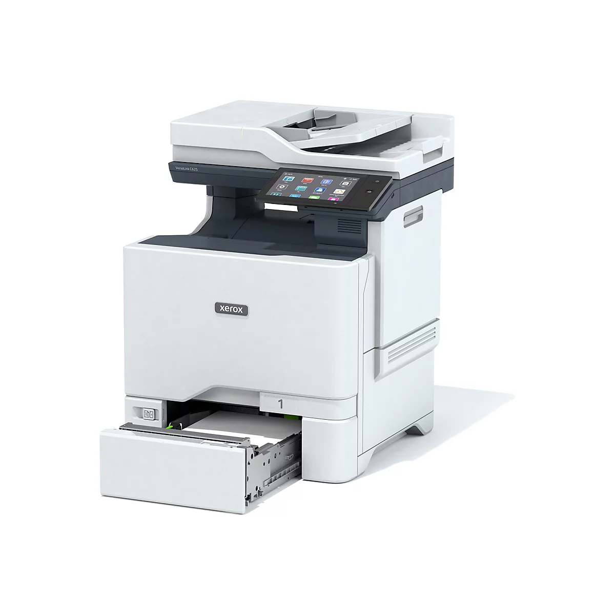 Ein weiÃŸer Xerox-Multifunktionsdrucker mit geÃ¶ffnetem Papierfach, schwarzem Touchscreen.