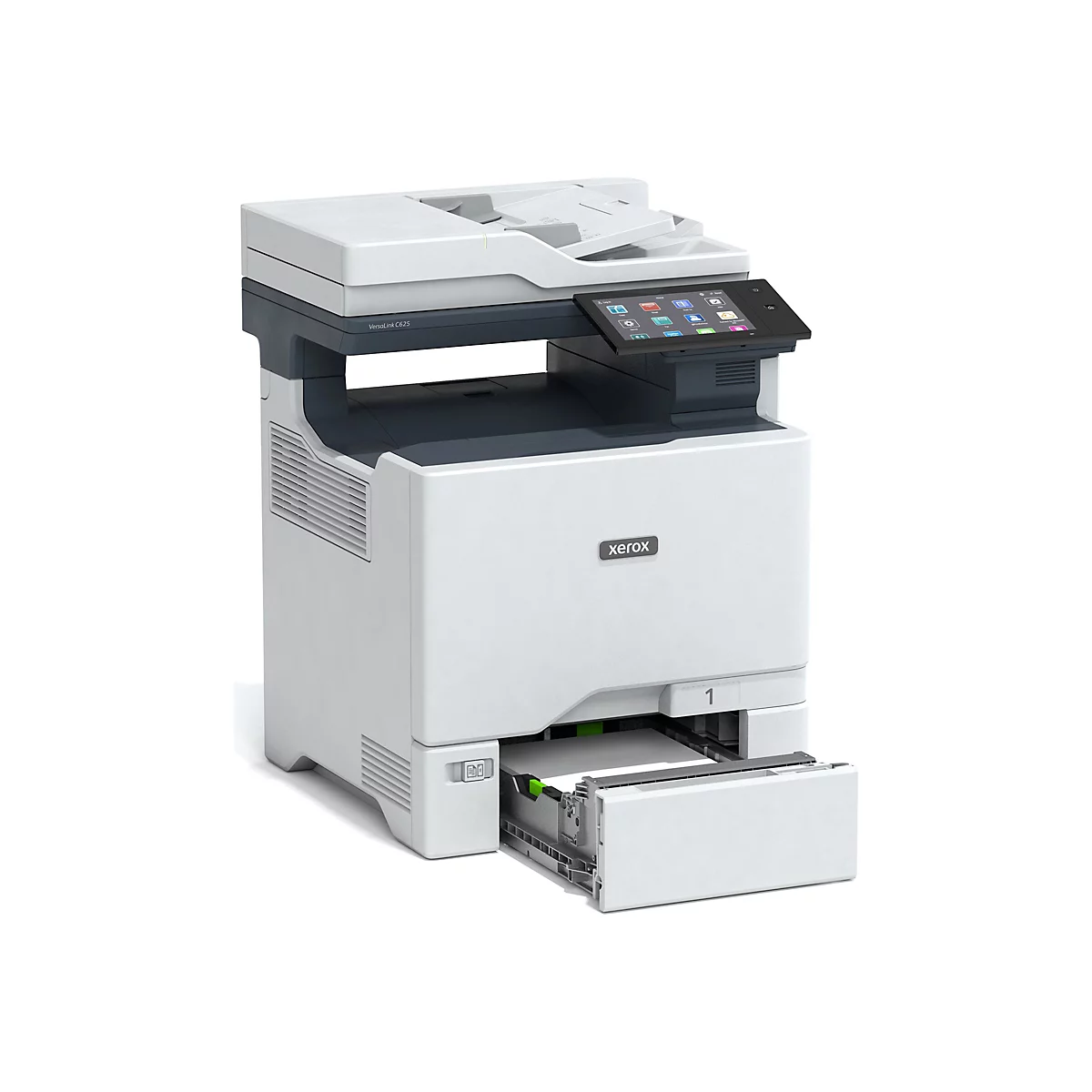 Ein weiÃŸer Xerox-Multifunktionsdrucker mit Touchscreen und geÃ¶ffnetem Papierfach.