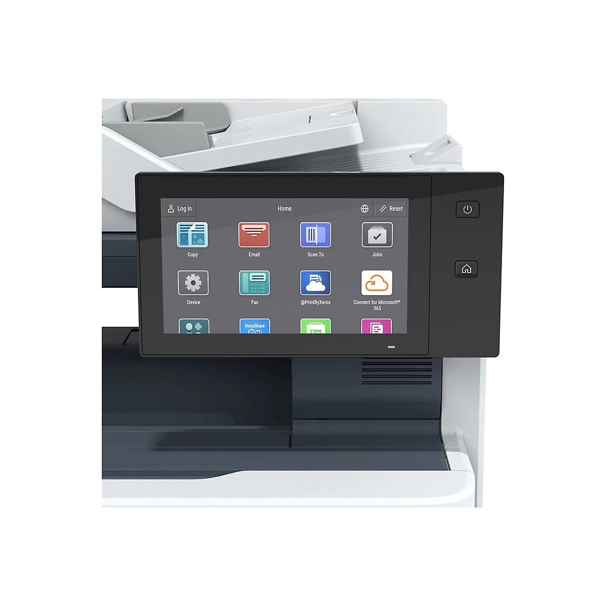Drucker mit Touchscreen, zeigt Icons fÃ¼r Help, Email, Scan to und mehr. Power- und Home-Taste rechts.