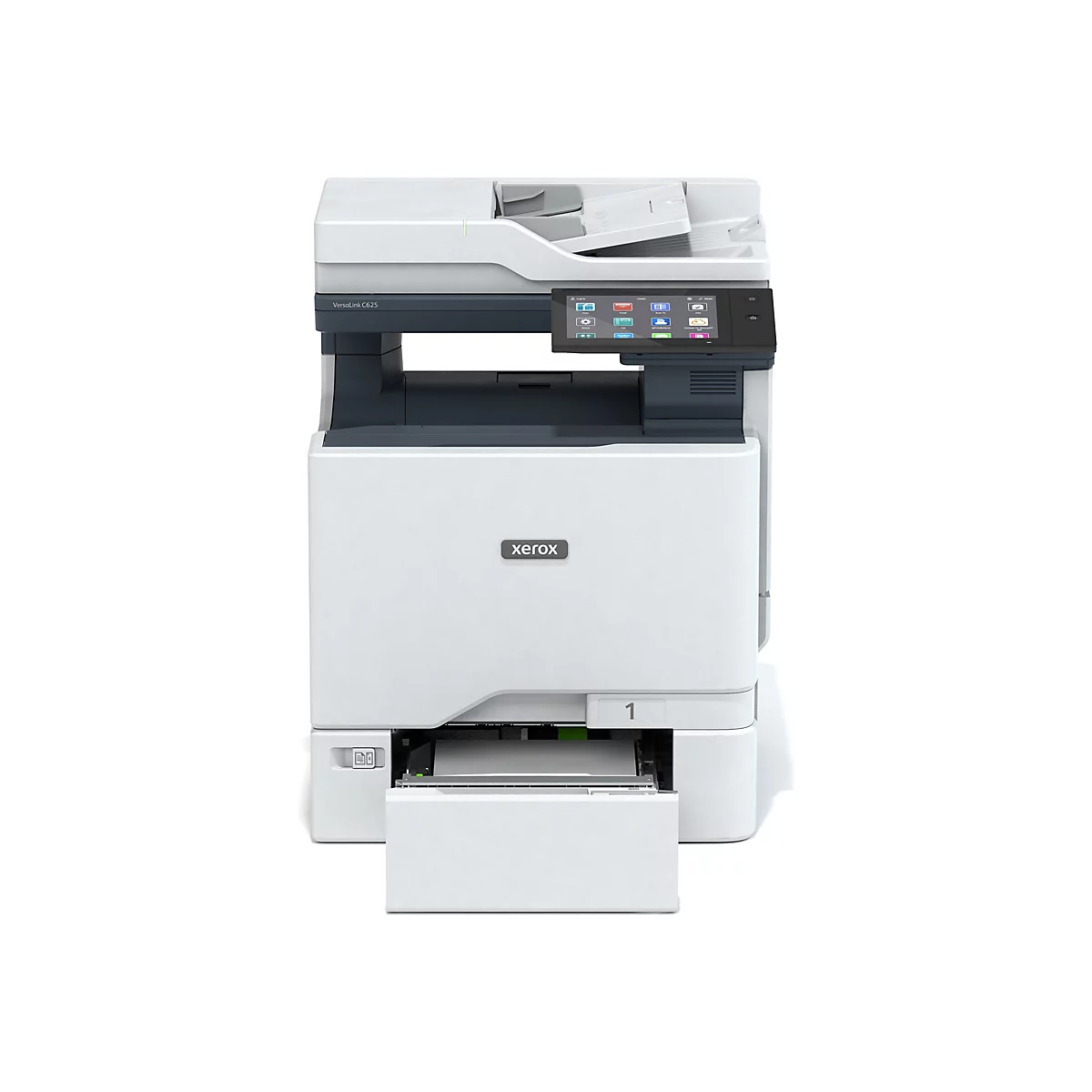 Ein weiÃŸer Xerox-Multifunktionsdrucker vor hellem Hintergrund. Oben mit Touchscreen-Bedienfeld und darunter das Xerox-Logo.