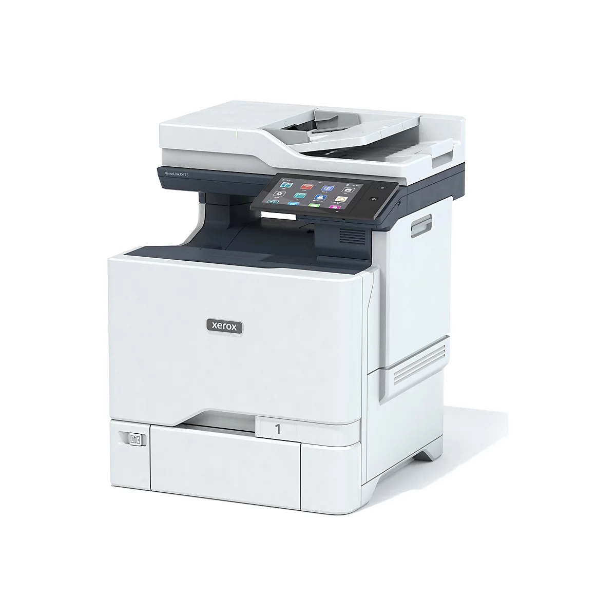 Ein weiÃŸer Xerox-Multifunktionsdrucker mit schwarzem Touchscreen-Display, die Zahl 1 ist auf dem Fach abgebildet.