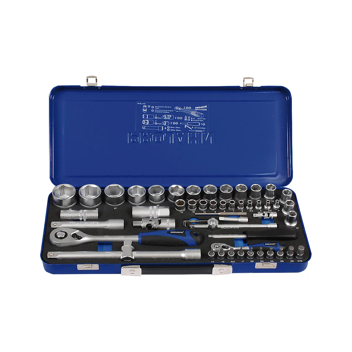 Blue toolbox set filled with various wrenches, sockets and accessories.