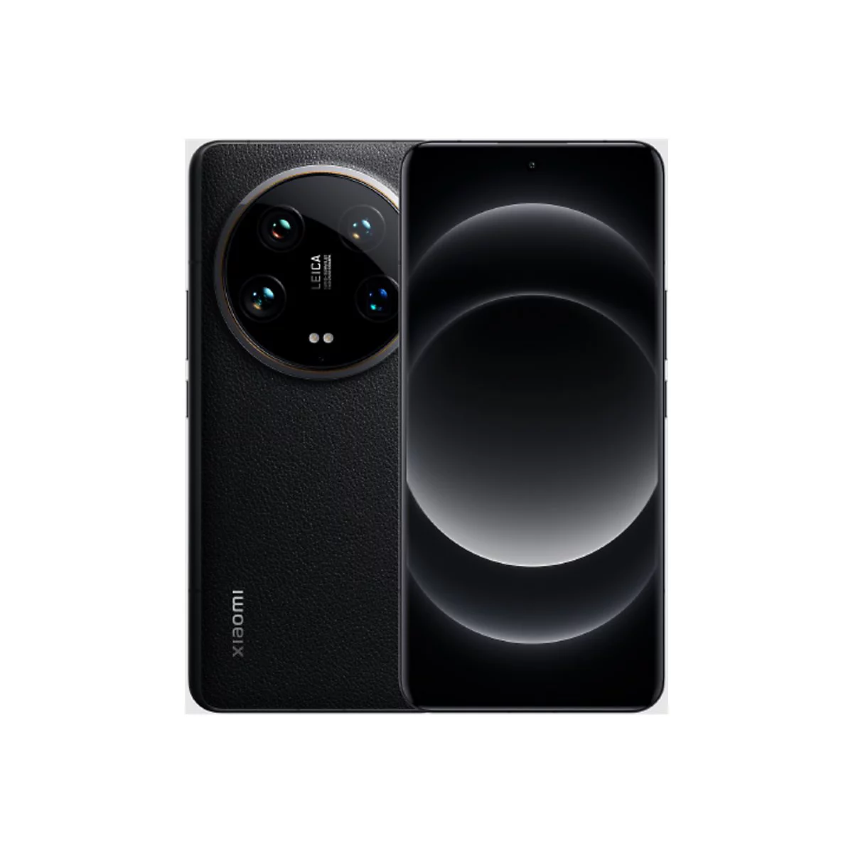 Schwarzes Smartphone mit Leica Kamera und Lederoptik, Display mit Schatteneffekt. Xiaomi Logo.