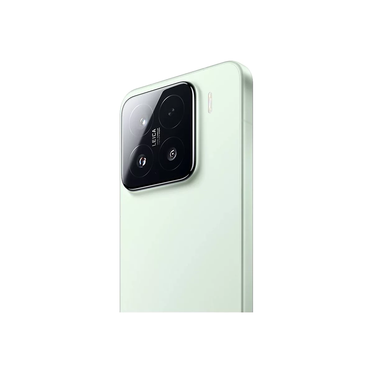 Hellgrünes Smartphone mit quadratischem Kameramodul. Das Modul enthält mehrere Linsen mit Leica-Schriftzug.