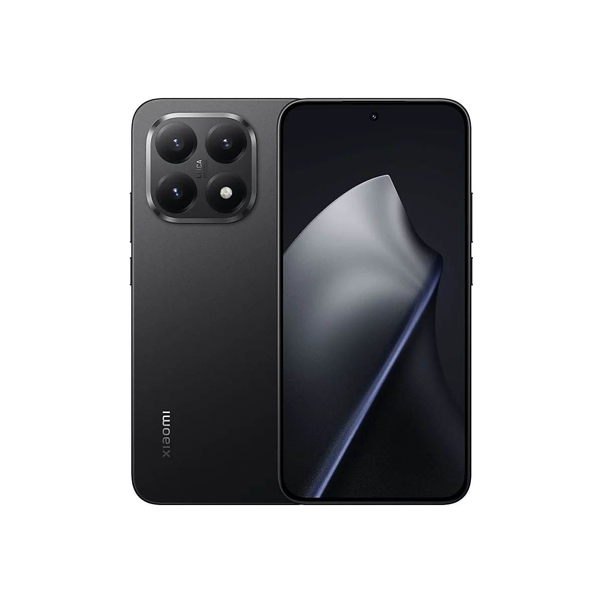 Schwarzes Smartphone, Rückseite mit vier Kameras und Leica-Logo, Vorderseite mit dynamischem Bildschirmhintergrund.