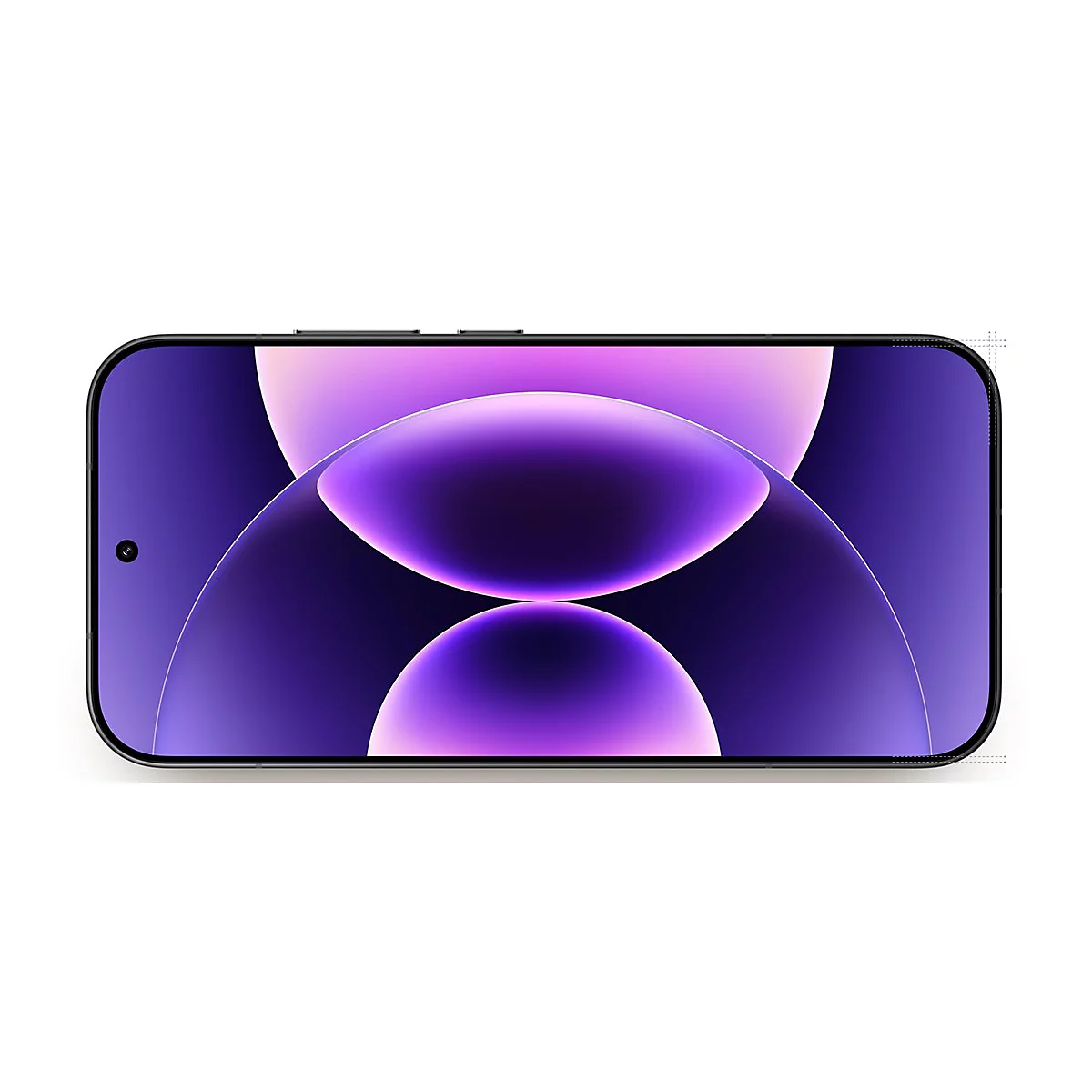 Ein schwarzes Smartphone mit einem abstrakten, violett leuchtenden Hintergrund auf dem Display.