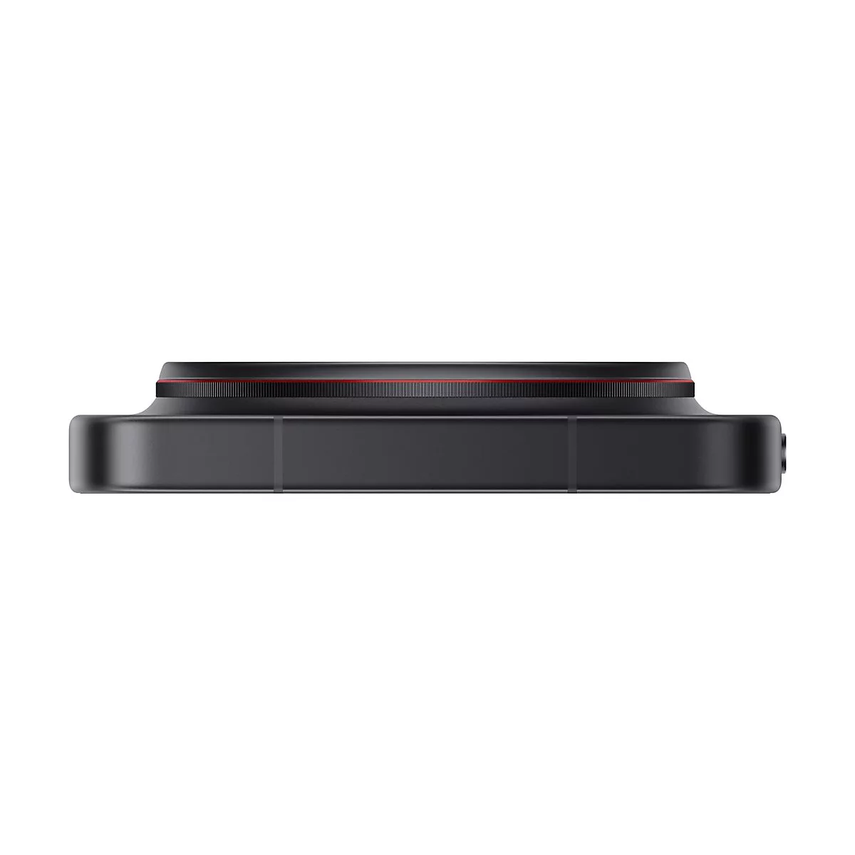 Seitenansicht eines schwarzen Smartphones mit einer dünnen, roten Zierlinie entlang des Gehäuserands.