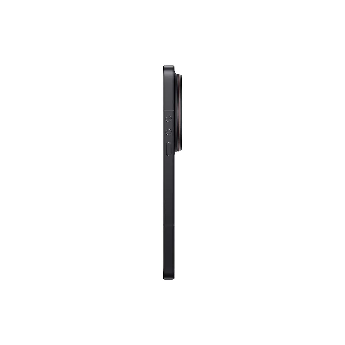 Schwarzes Smartphone-Profil, links Knöpfe, rechts Kameraobjektiv. Weißer Hintergrund.