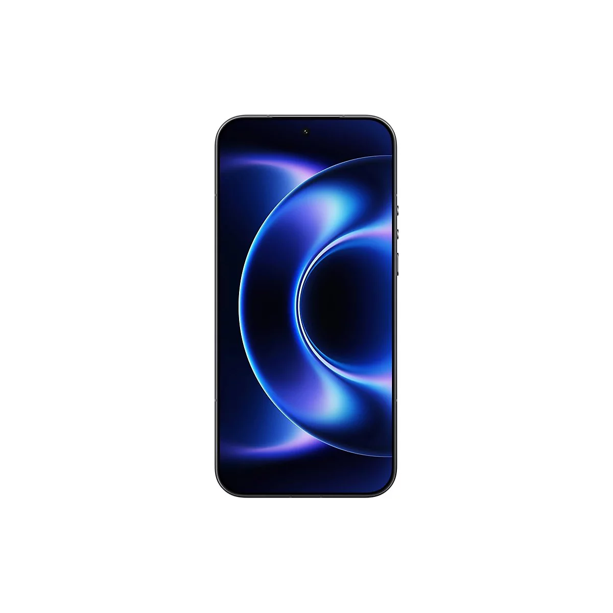 Smartphone, schwarzer Rahmen, blaues Display-Design. Abgerundete Kanten, Kamera oben.