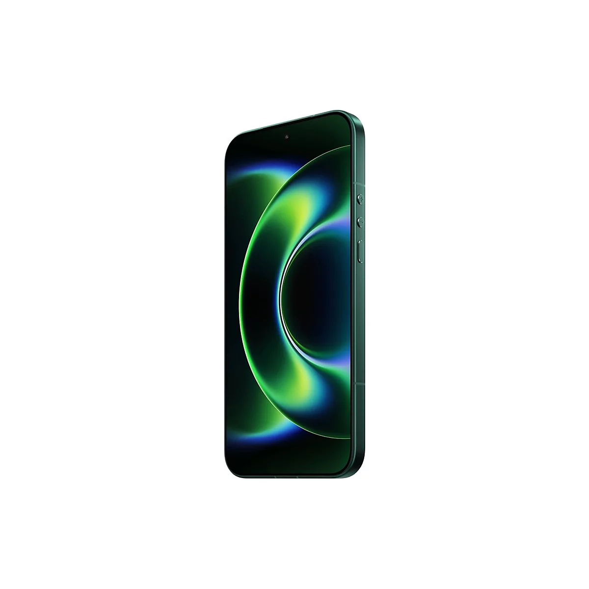 Dunkelgrünes Smartphone mit leuchtendem, kreisförmigem, grün-blauem Displayhintergrund vor weißem Hintergrund.