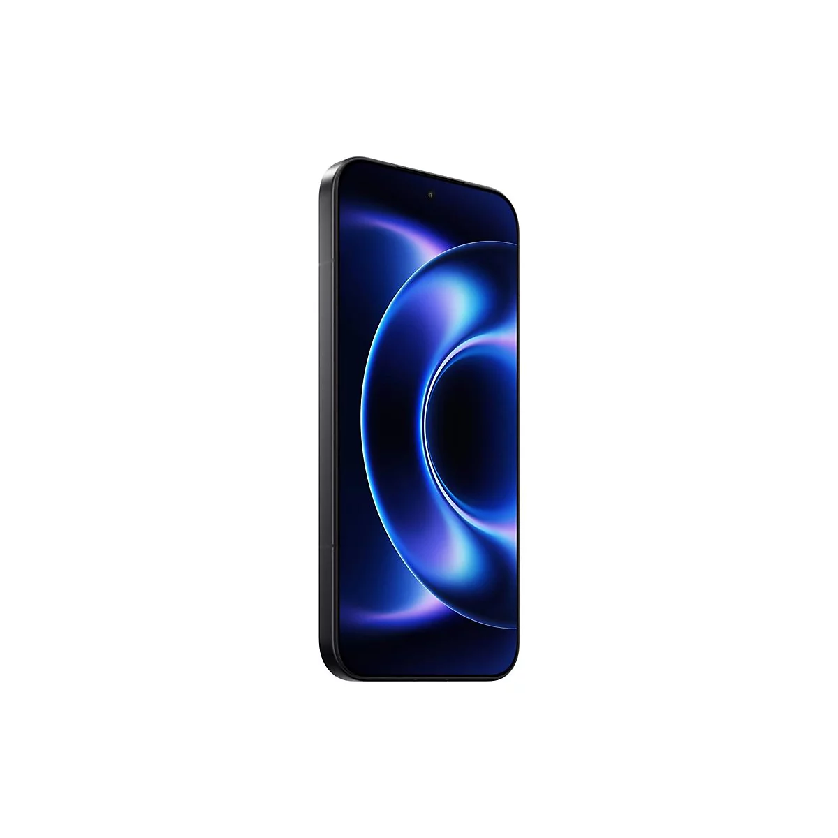 Schwarzes Smartphone im Profil, Bildschirm mit blauem, gewölbtem Hintergrund.