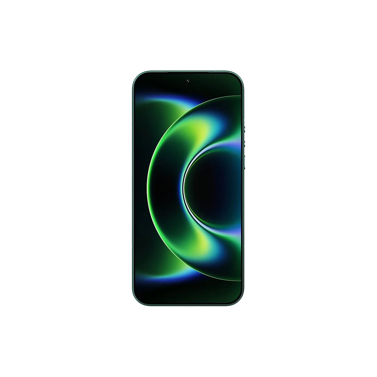 Grünes Smartphone auf weißem Hintergrund. Der Bildschirm zeigt ein abstraktes, hellgrünes Muster.