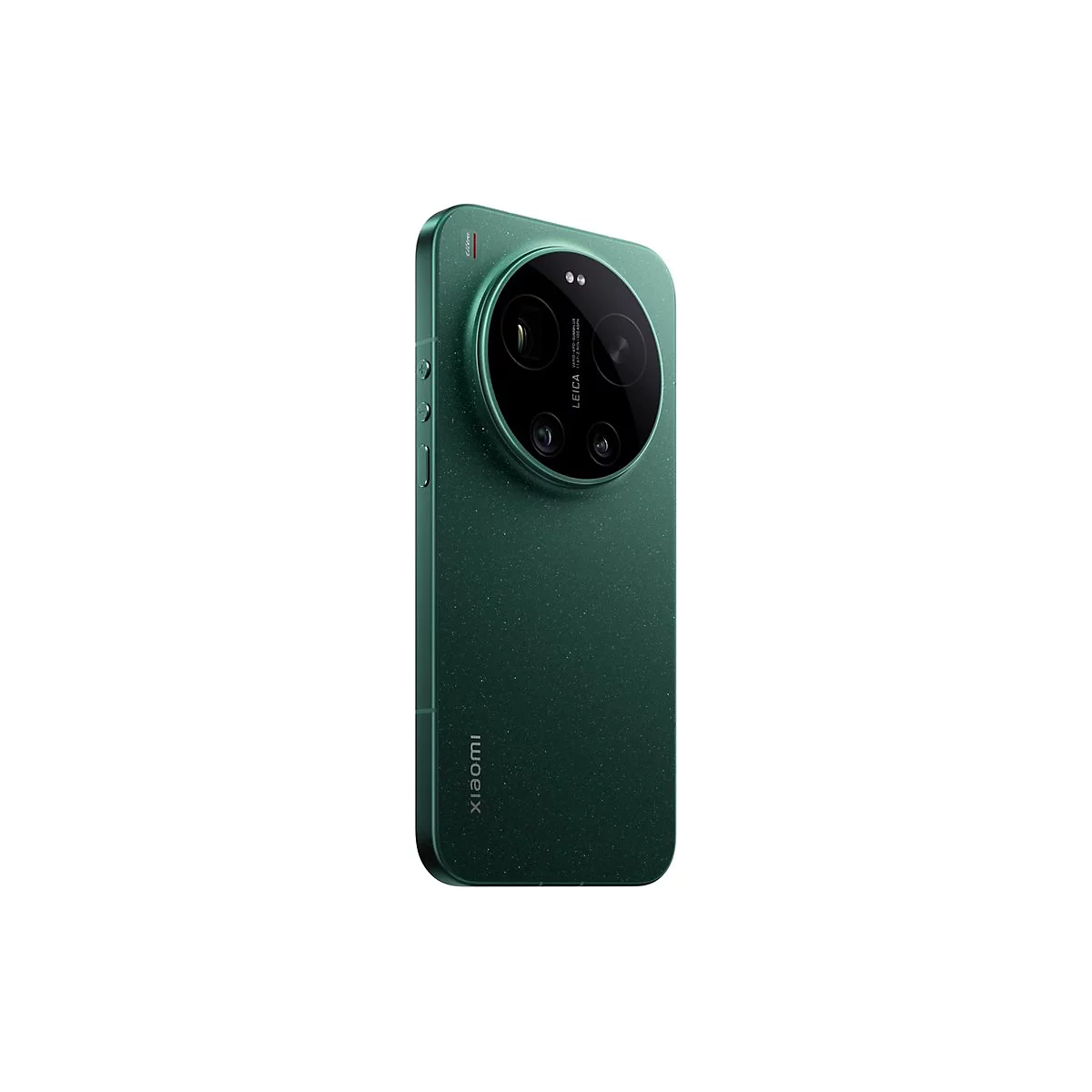Rückansicht eines grünen Xiaomi-Smartphones mit markantem kreisförmigem Leica-Kameramodul auf weißem Hintergrund.
