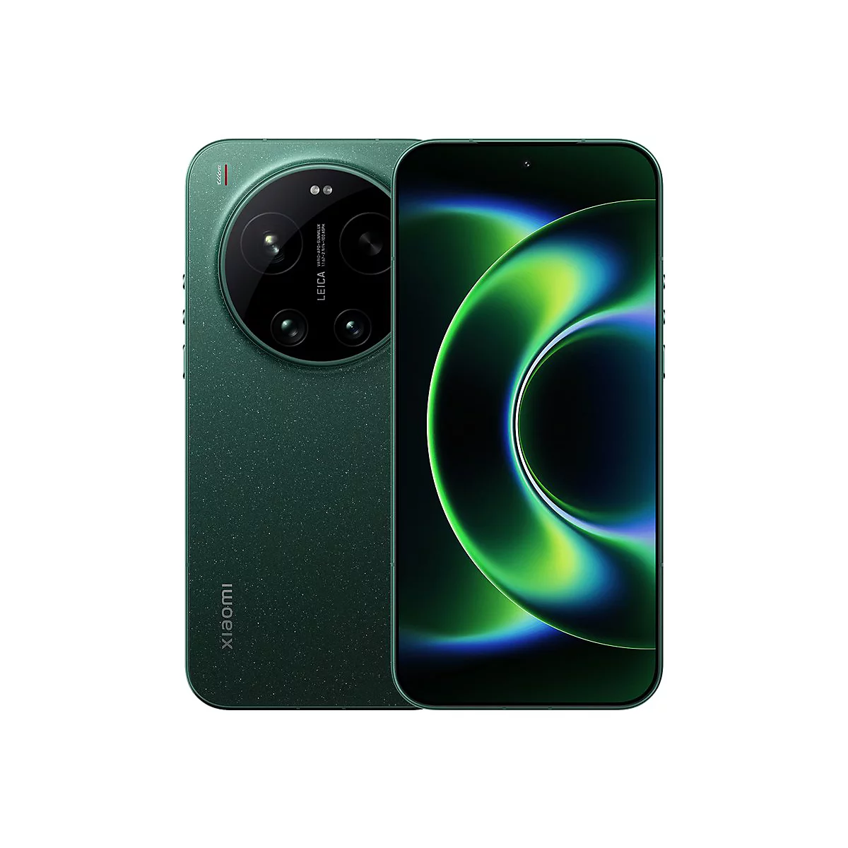 Dunkelgrünes Smartphone mit kreisförmigem Kameraobjektiv. Das Display zeigt eine grüne, abstrakte Grafik.