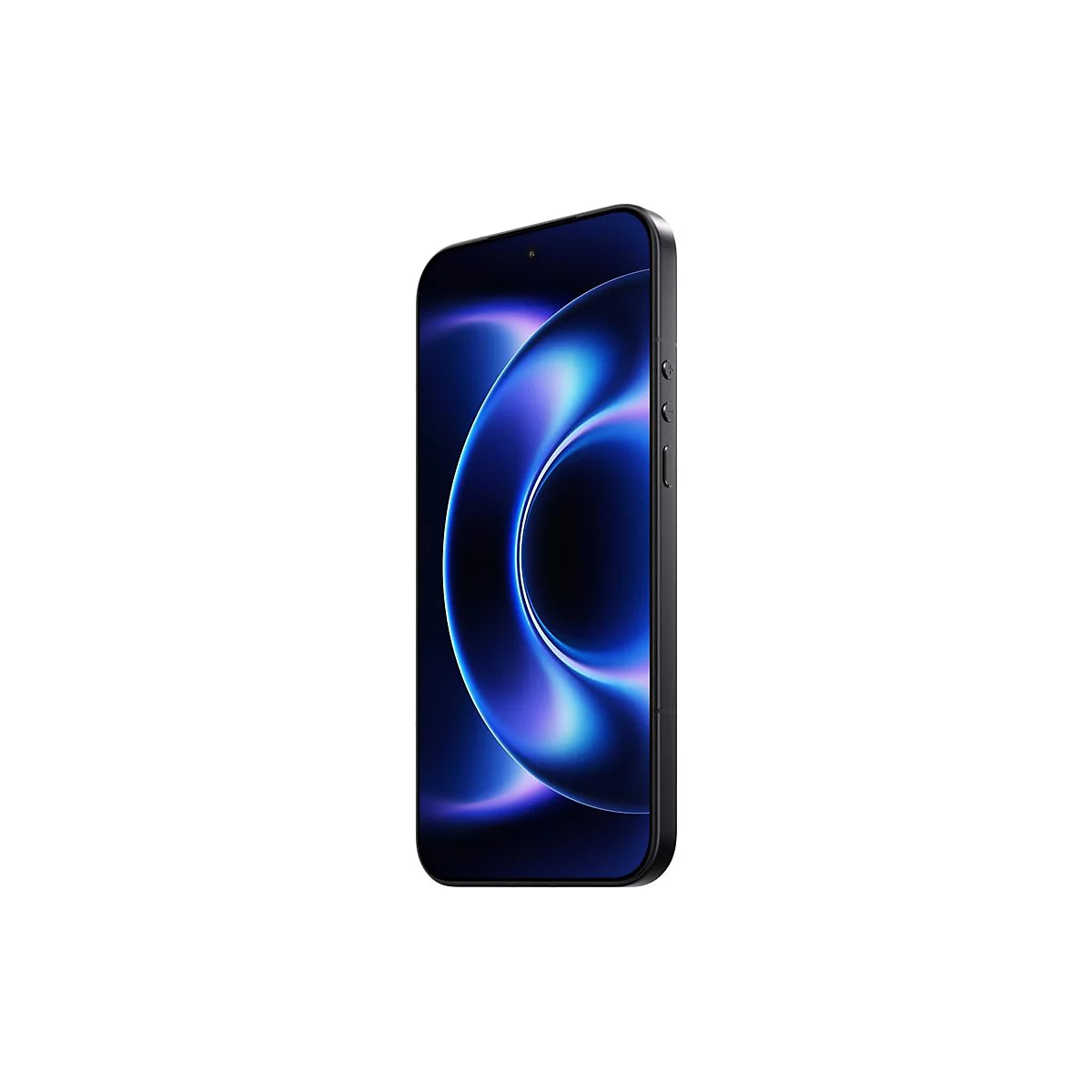 Schwarzes Smartphone im Profil, das Display zeigt einen blauen Hintergrund.